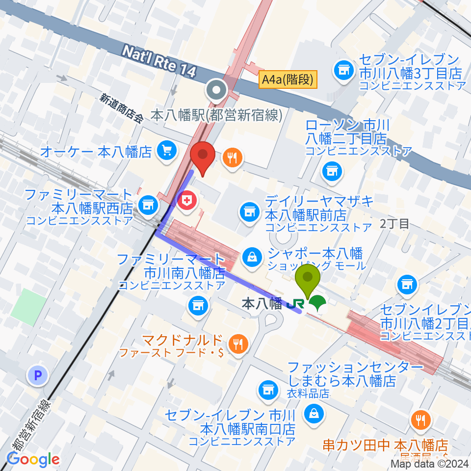 本八幡クールジョジョの最寄駅本八幡駅からの徒歩ルート（約3分）地図