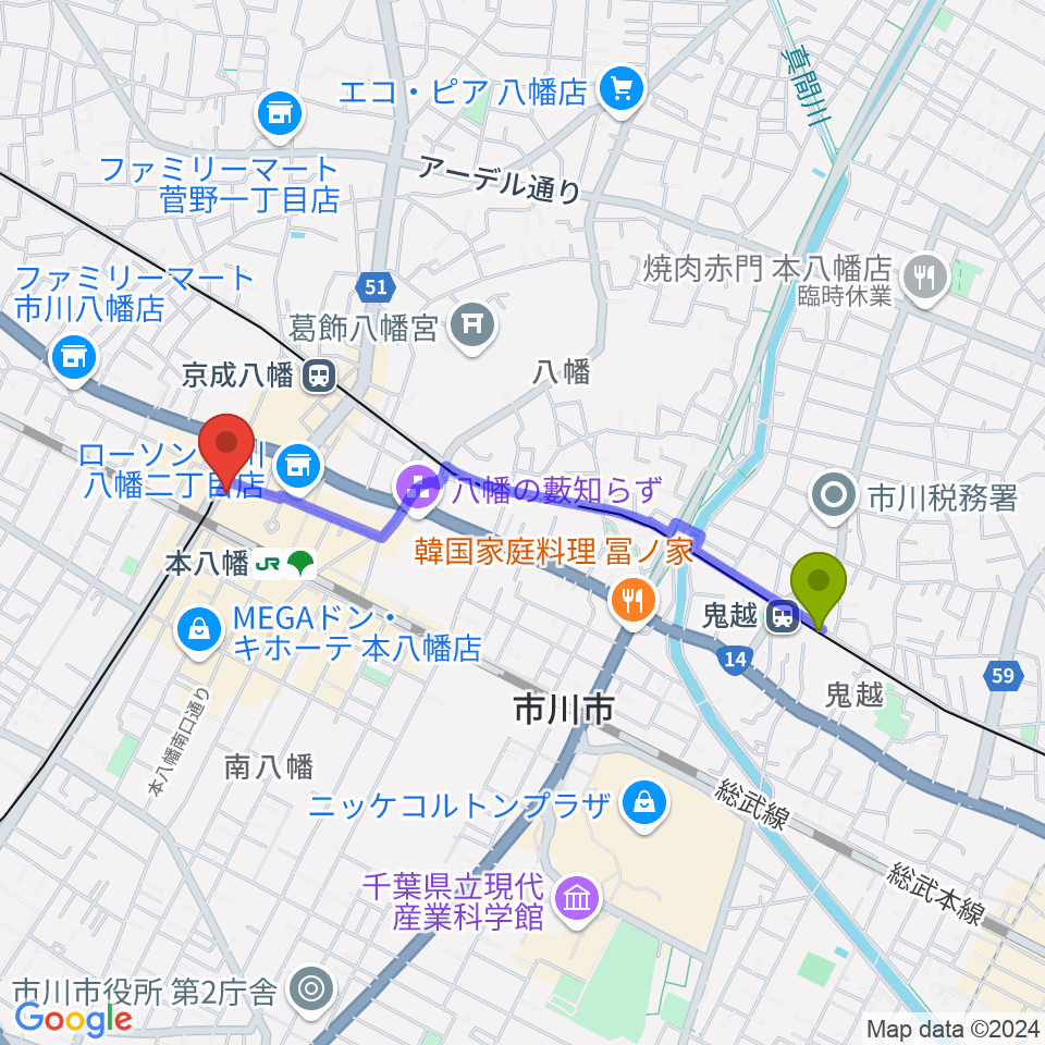 鬼越駅から本八幡クールジョジョへのルートマップ地図