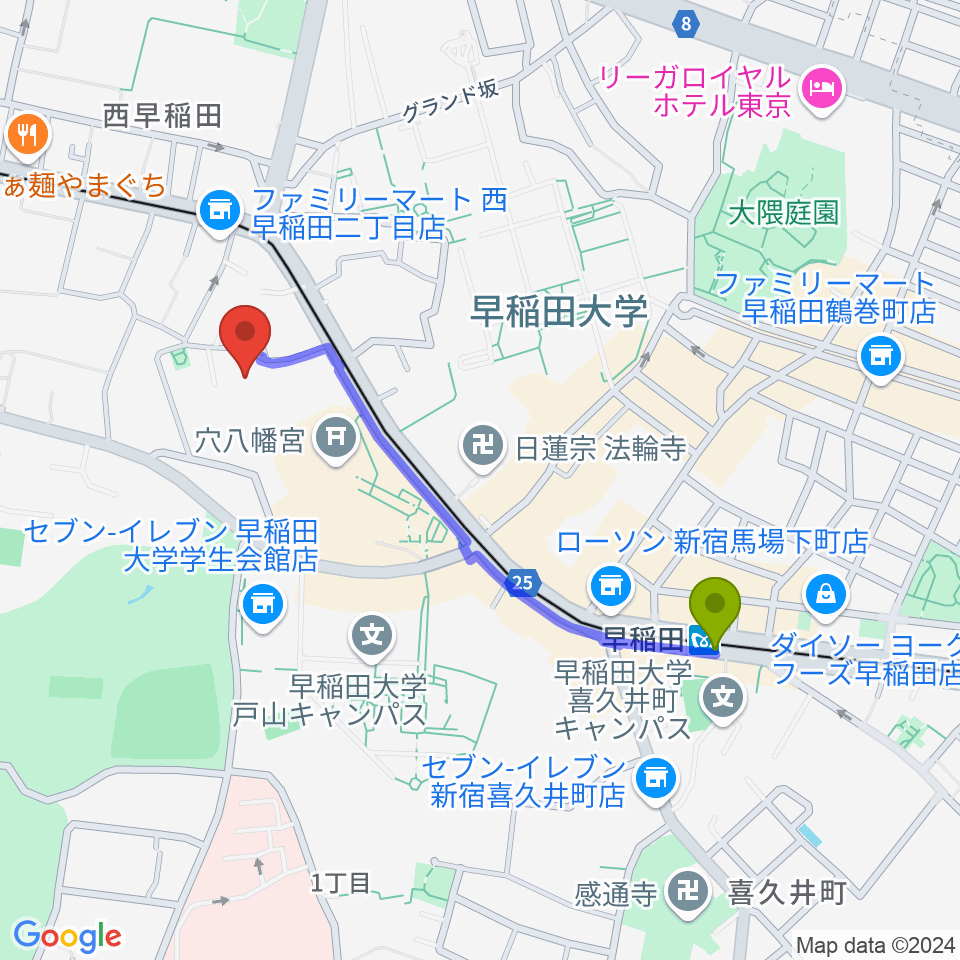 早稲田駅からトーキョーコンサーツ・ラボへのルートマップ地図