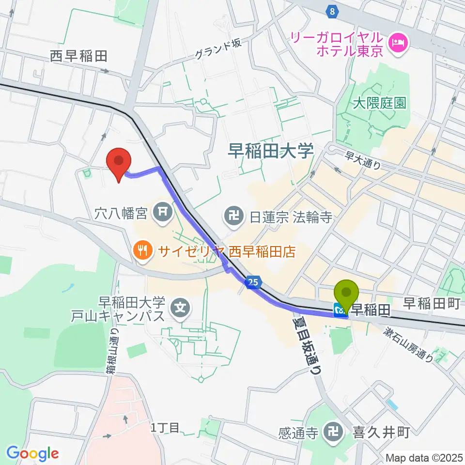 早稲田駅からトーキョーコンサーツ・ラボへのルートマップ地図