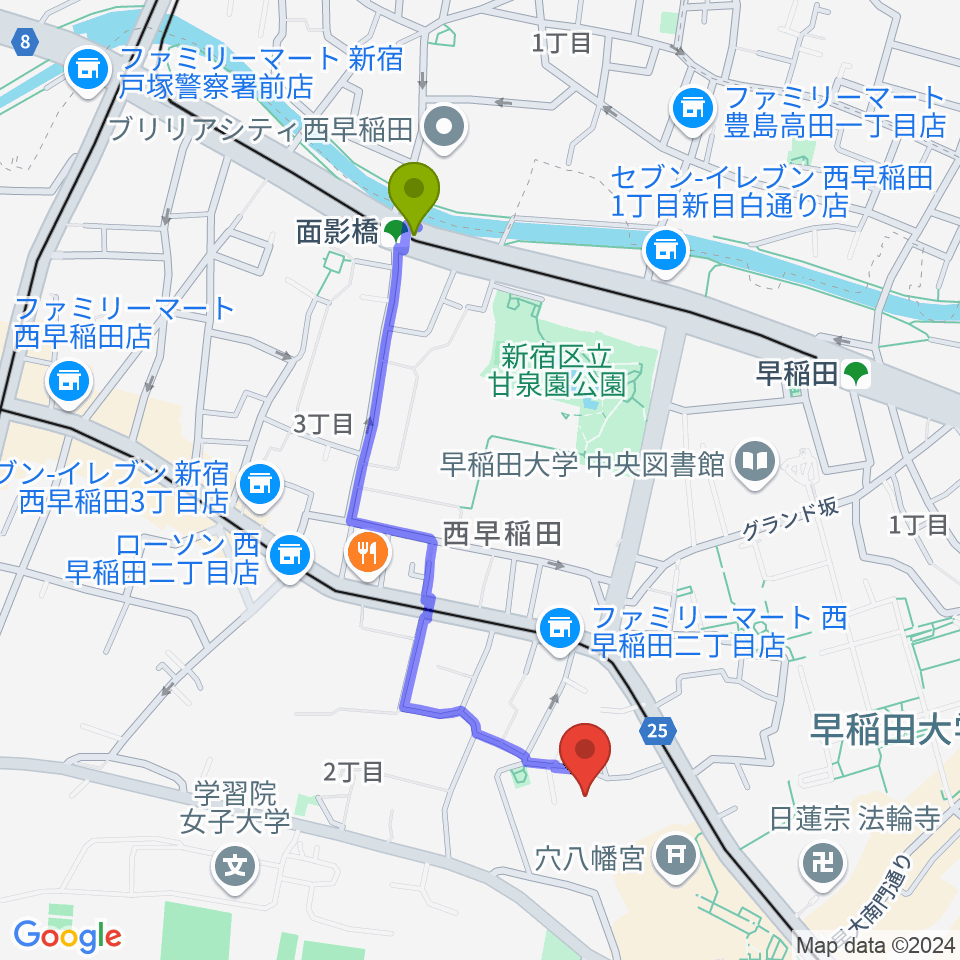 面影橋駅からトーキョーコンサーツ・ラボへのルートマップ地図