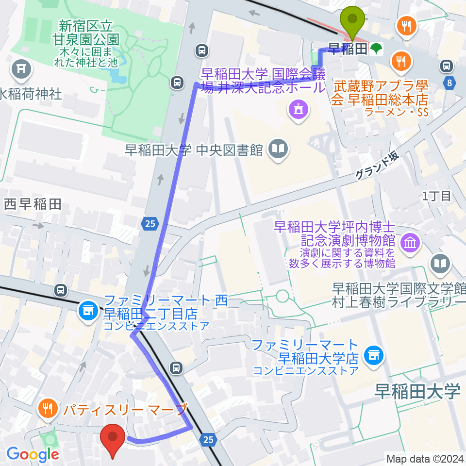 トーキョーコンサーツ・ラボの最寄駅早稲田駅からの徒歩ルート（約8分）地図