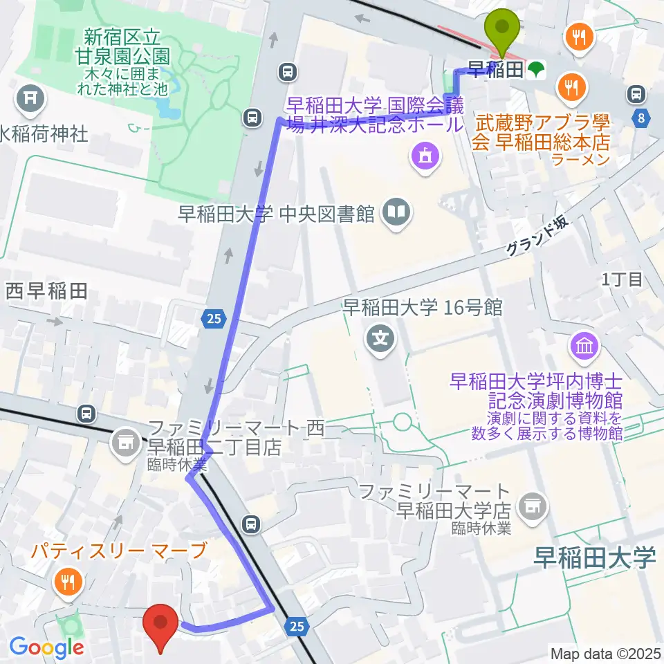 トーキョーコンサーツ・ラボの最寄駅早稲田駅からの徒歩ルート（約8分）地図