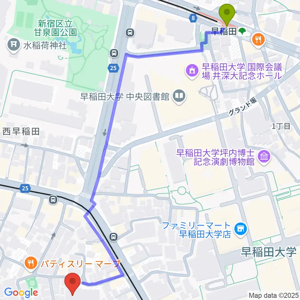 トーキョーコンサーツ・ラボの最寄駅早稲田駅からの徒歩ルート（約8分）地図