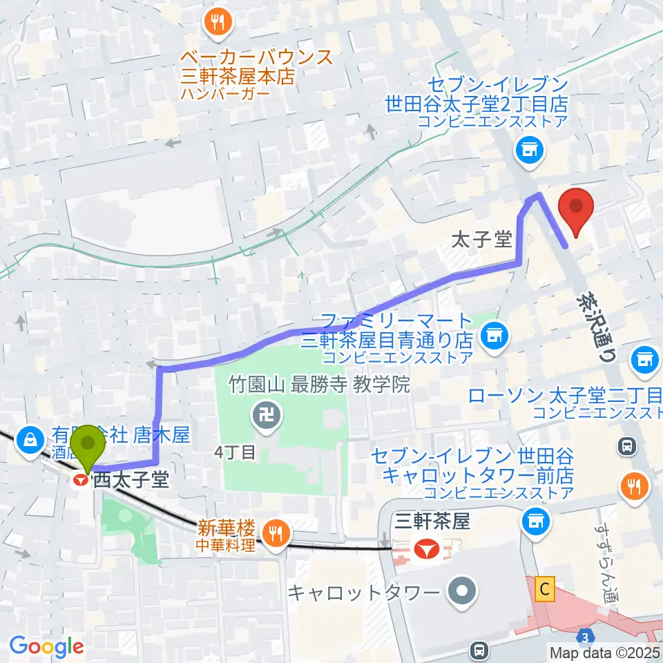 西太子堂駅から三軒茶屋come togetherへのルートマップ地図