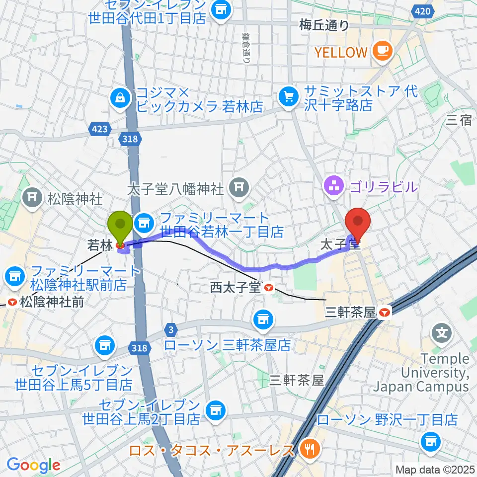 若林駅から三軒茶屋come togetherへのルートマップ地図