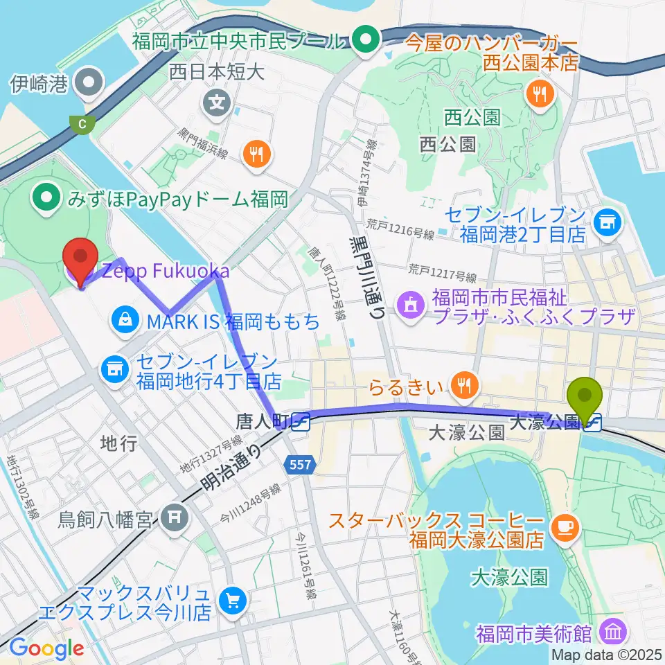 大濠公園駅からZepp福岡へのルートマップ地図