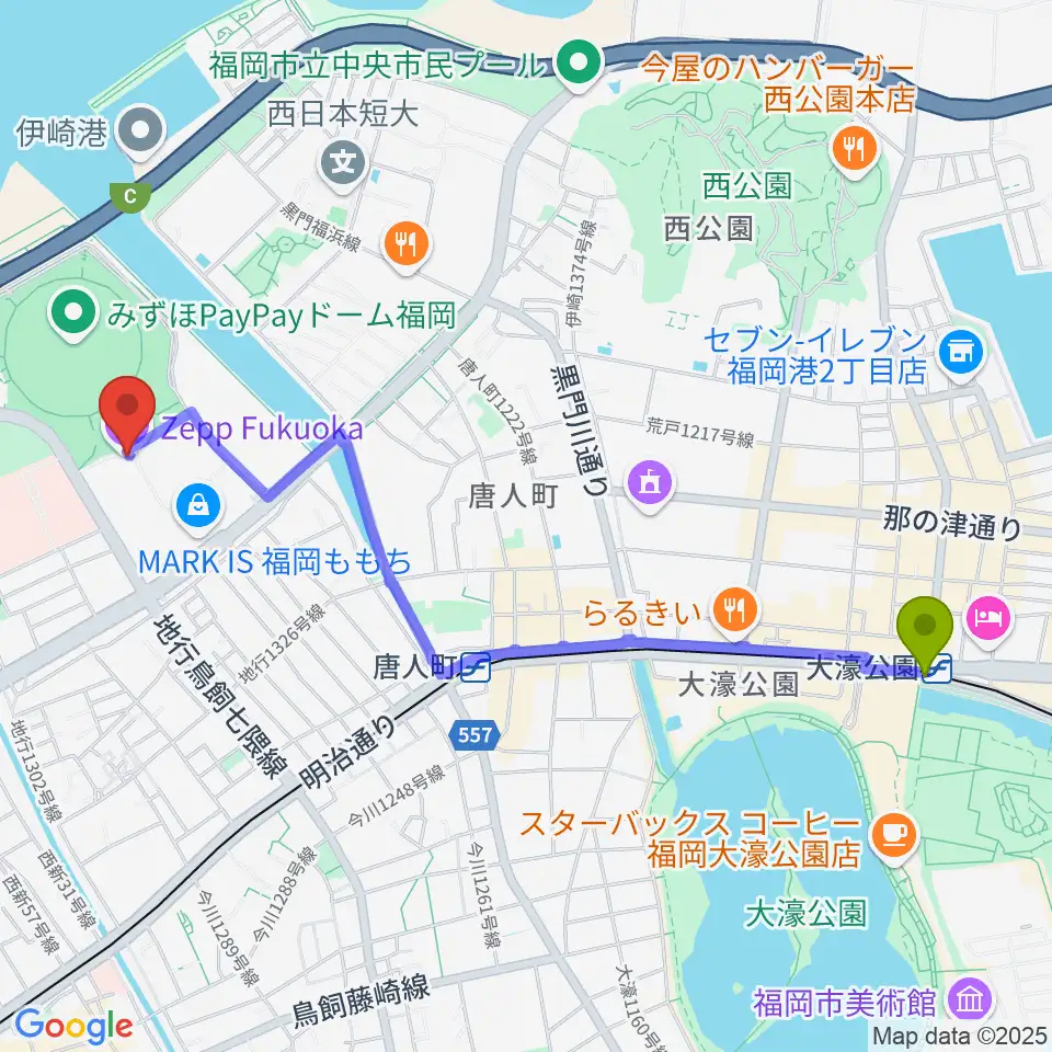 大濠公園駅からZepp福岡へのルートマップ地図