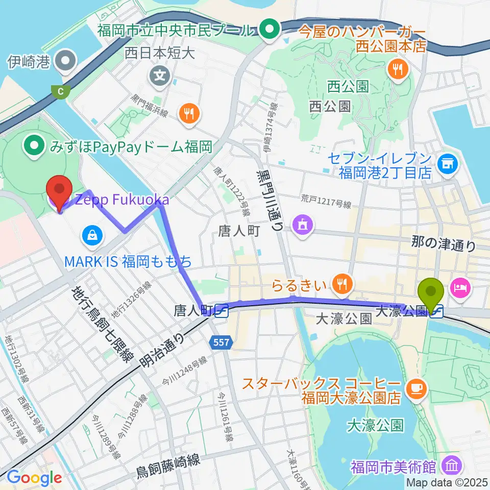 大濠公園駅からZepp福岡へのルートマップ地図