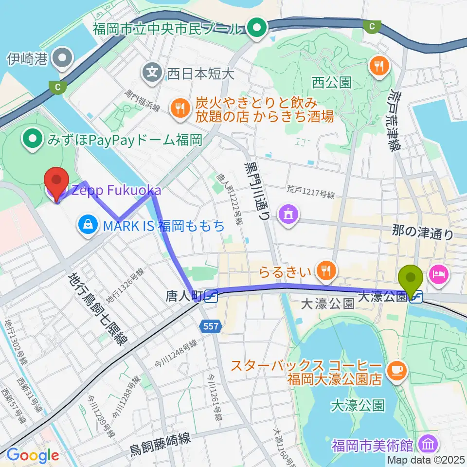 大濠公園駅からZepp福岡へのルートマップ地図