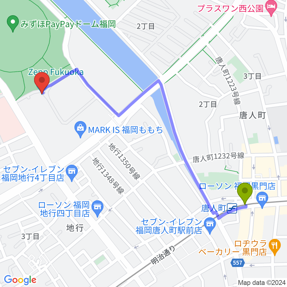 Zepp福岡の最寄駅唐人町駅からの徒歩ルート（約13分）地図