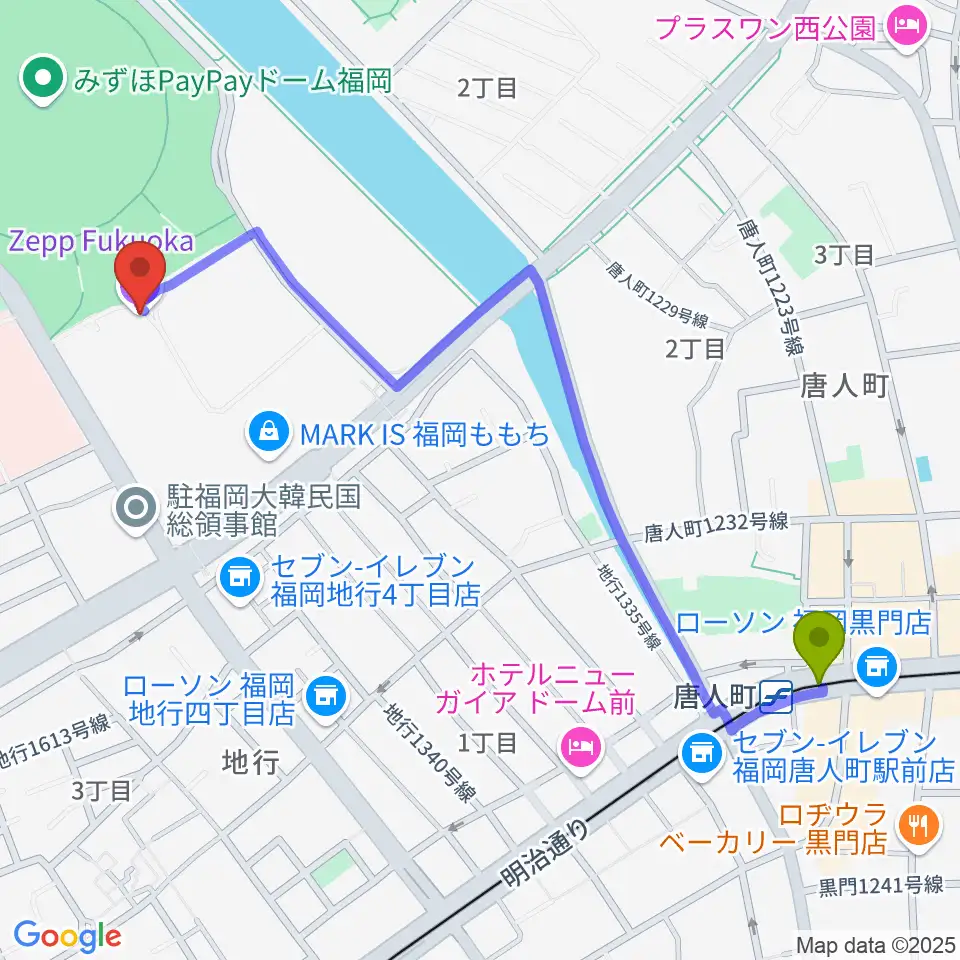 Zepp福岡の最寄駅唐人町駅からの徒歩ルート（約13分）地図