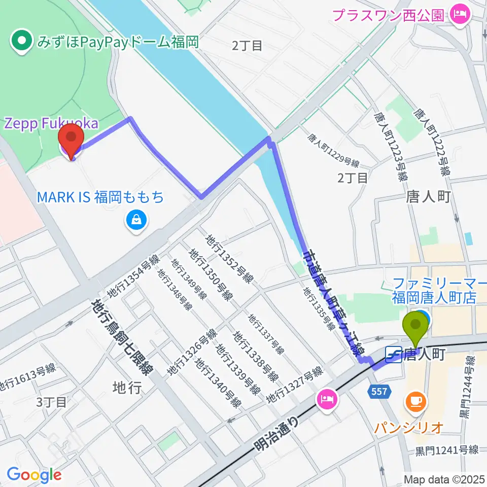 Zepp福岡の最寄駅唐人町駅からの徒歩ルート（約13分）地図