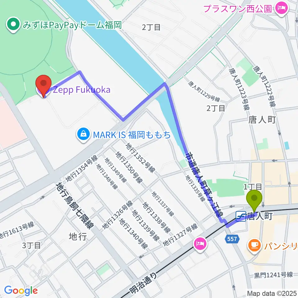 Zepp福岡の最寄駅唐人町駅からの徒歩ルート（約13分）地図