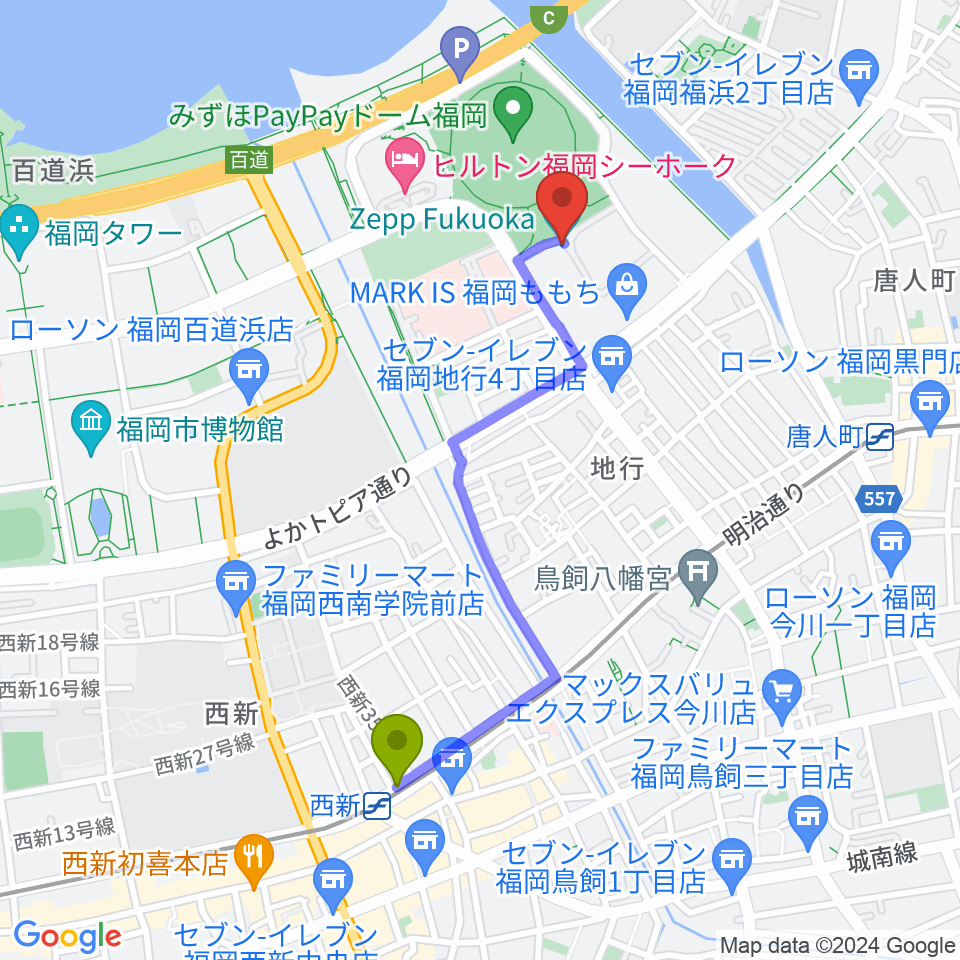 西新駅からZepp福岡へのルートマップ地図