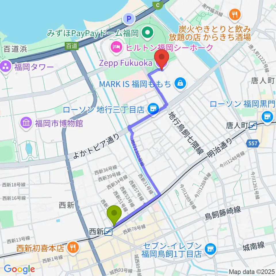 西新駅からZepp福岡へのルートマップ地図