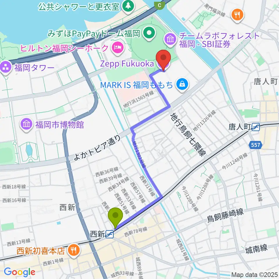 西新駅からZepp福岡へのルートマップ地図