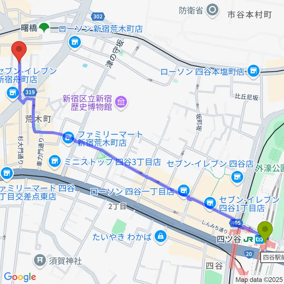 四ツ谷駅から曙橋Bar461へのルートマップ地図