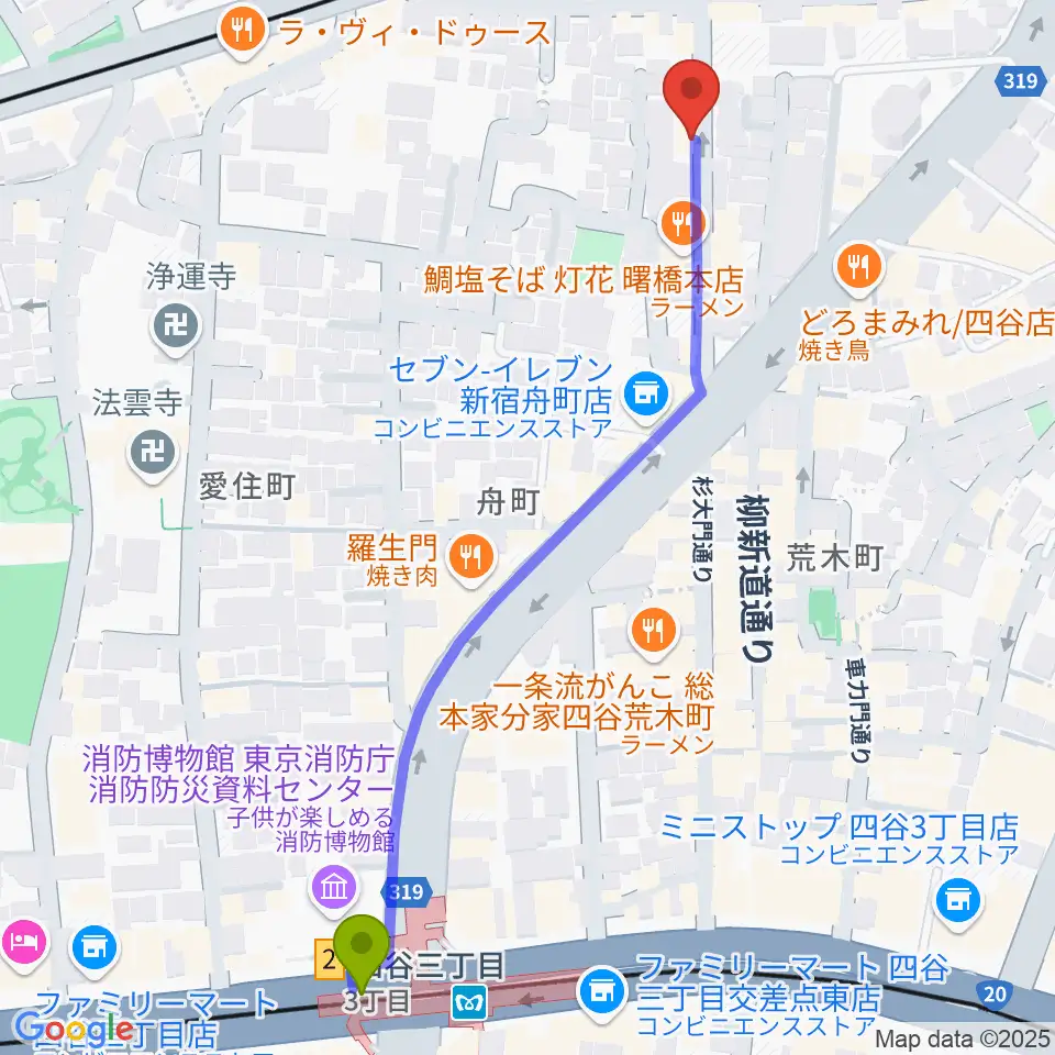 四谷三丁目駅から曙橋Bar461へのルートマップ地図