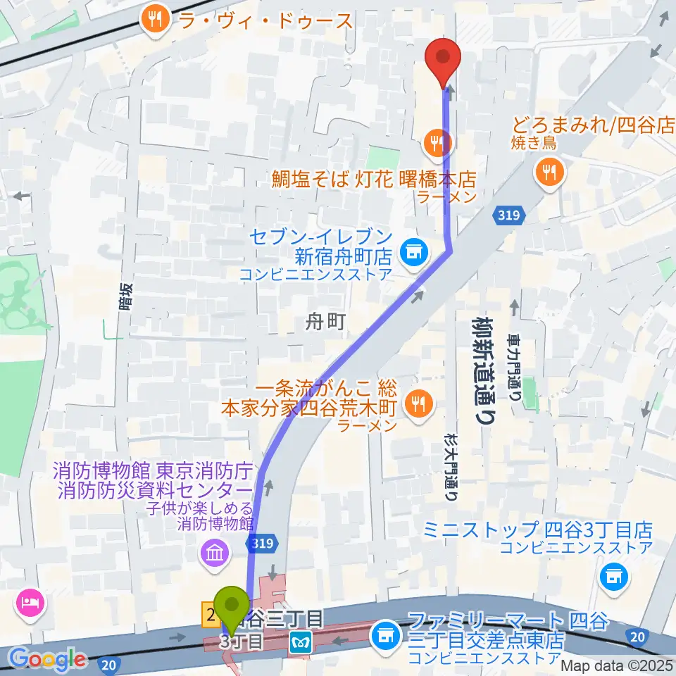 四谷三丁目駅から曙橋Bar461へのルートマップ地図