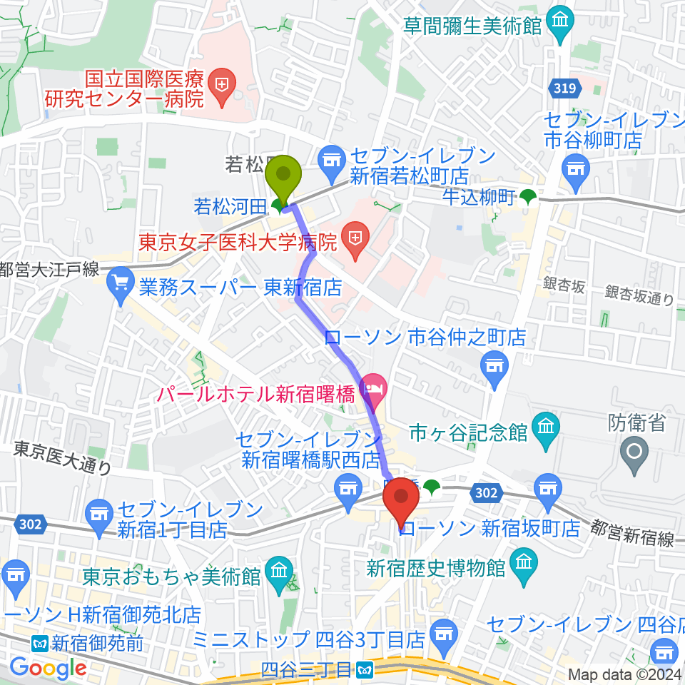 若松河田駅から曙橋Bar461へのルートマップ地図