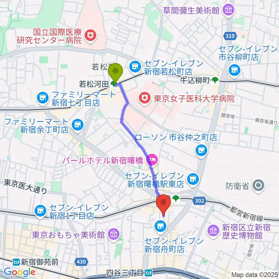 若松河田駅から曙橋Bar461へのルートマップ地図