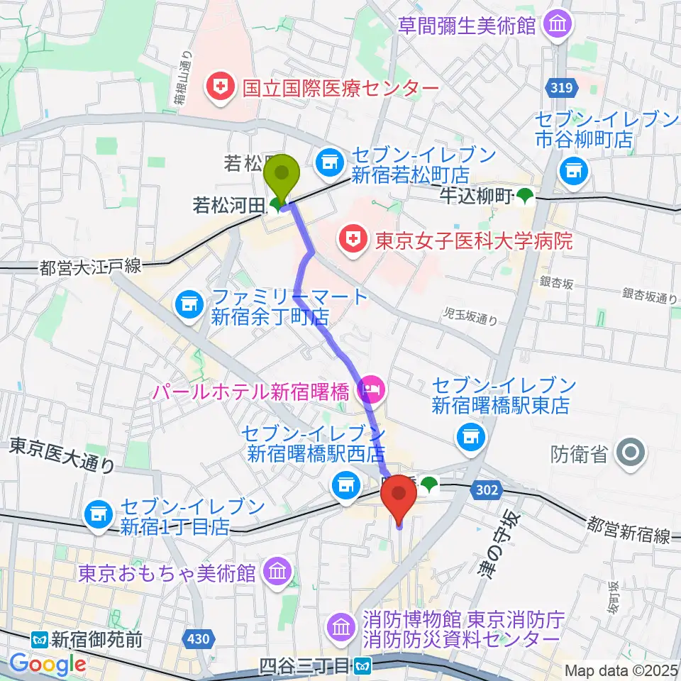 若松河田駅から曙橋Bar461へのルートマップ地図