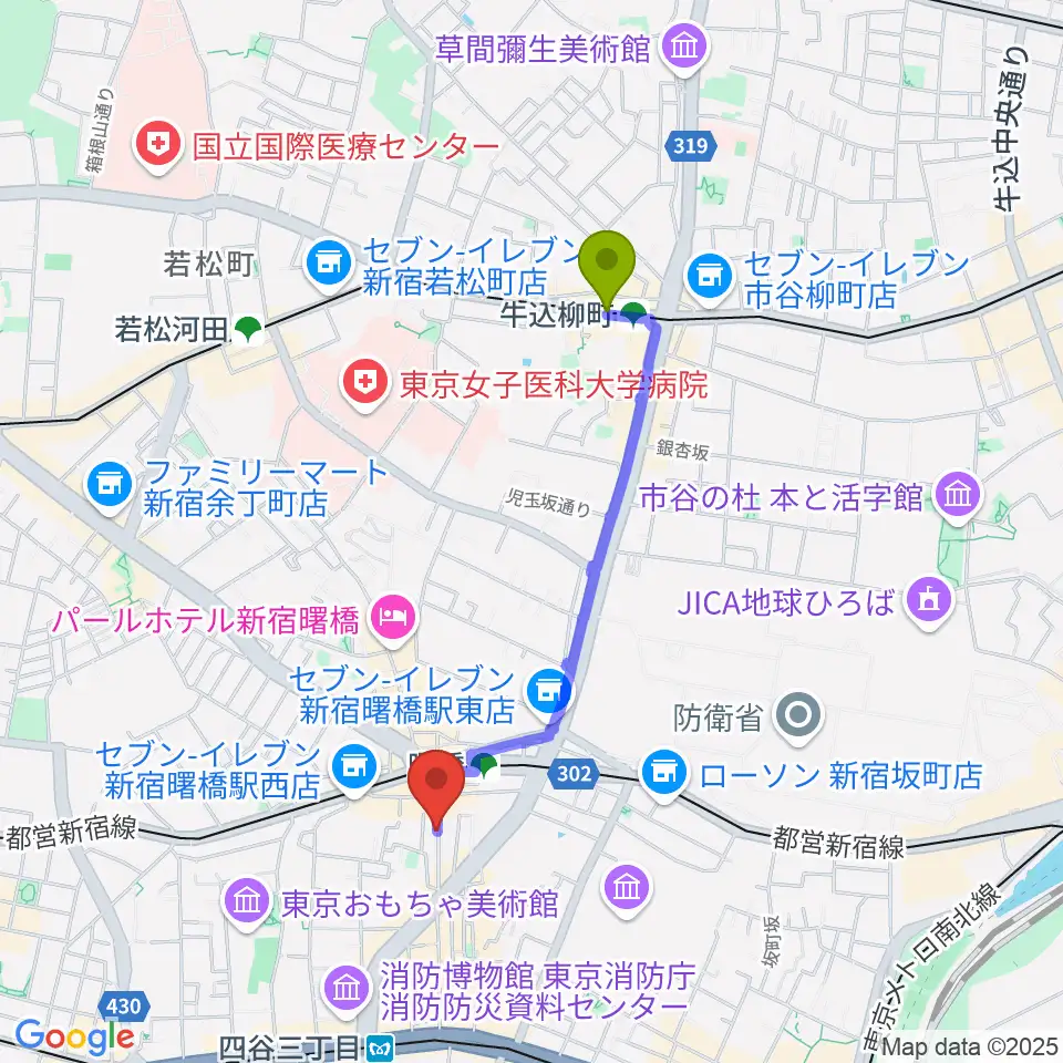 牛込柳町駅から曙橋Bar461へのルートマップ地図