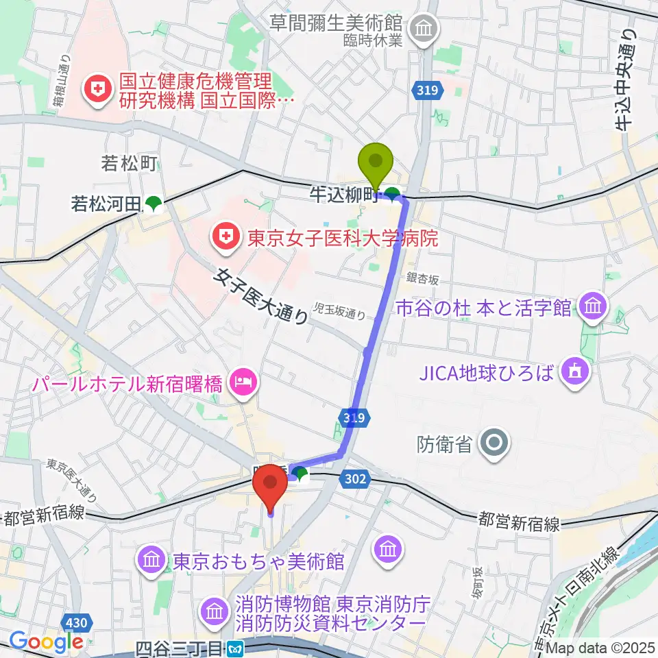 牛込柳町駅から曙橋Bar461へのルートマップ地図