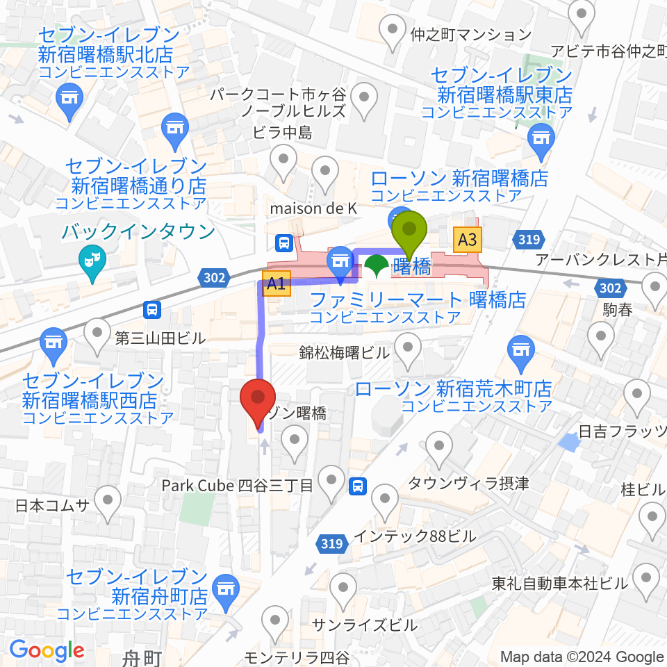 曙橋Bar461の最寄駅曙橋駅からの徒歩ルート（約3分）地図