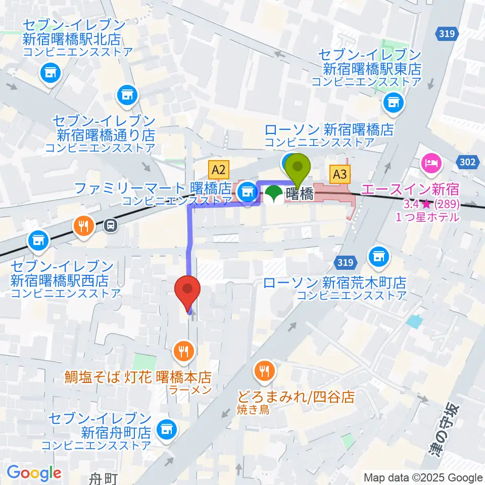 曙橋Bar461の最寄駅曙橋駅からの徒歩ルート（約3分）地図