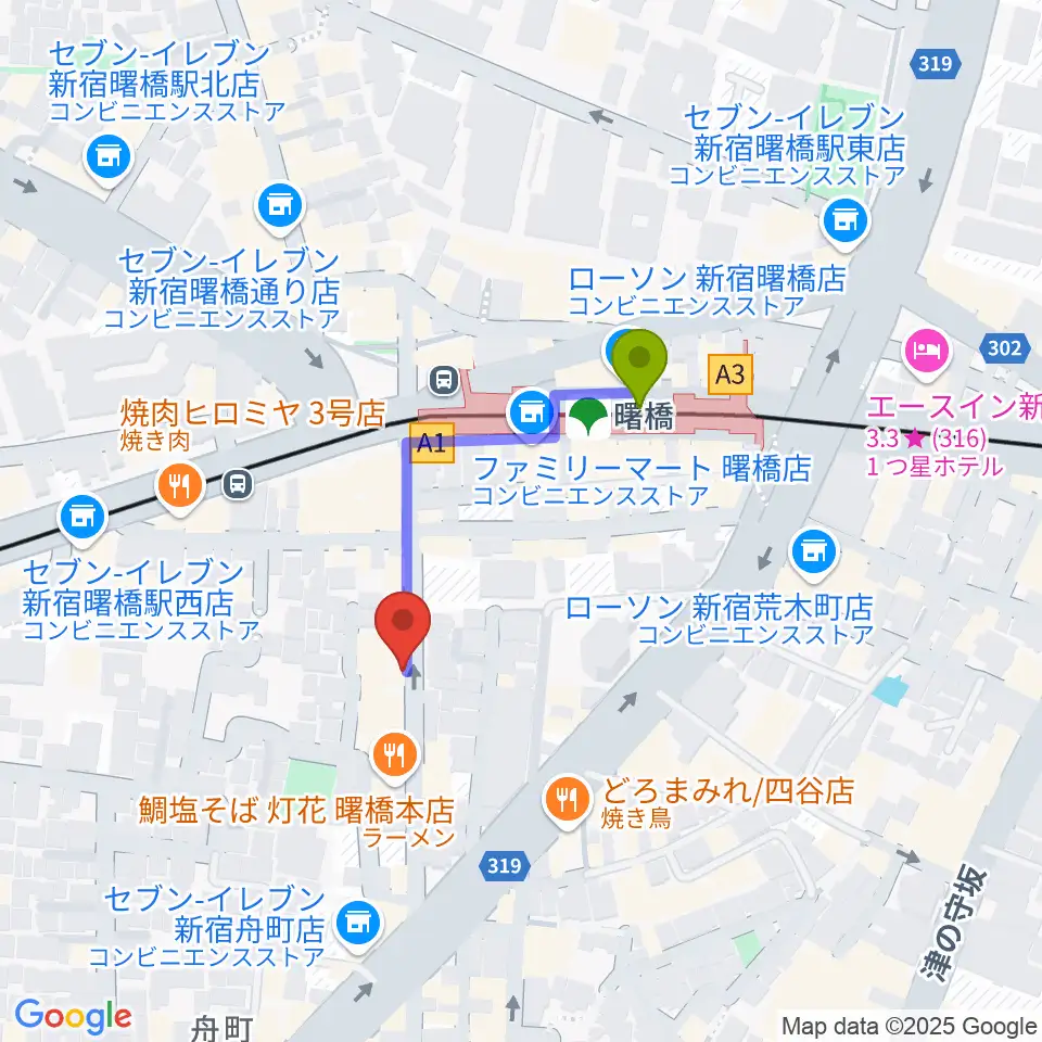 曙橋Bar461の最寄駅曙橋駅からの徒歩ルート（約3分）地図