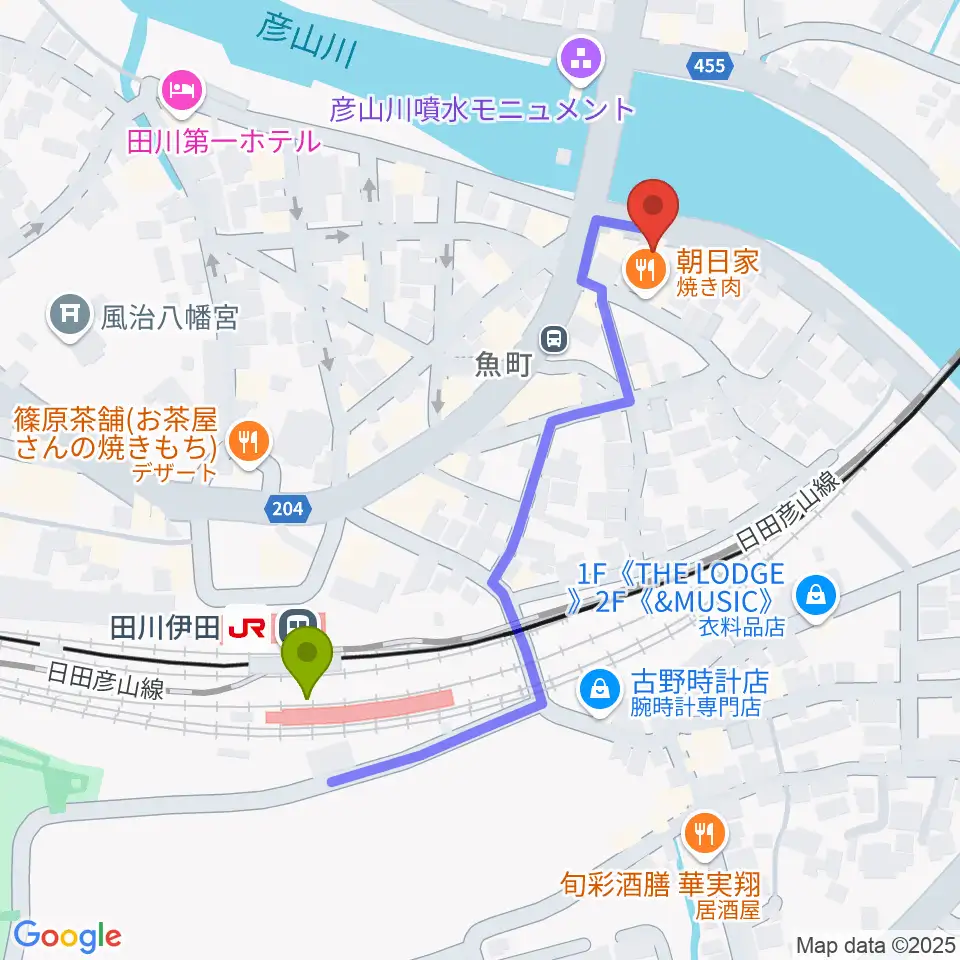 田川ダイアモンドムーンの最寄駅田川伊田駅からの徒歩ルート（約5分）地図