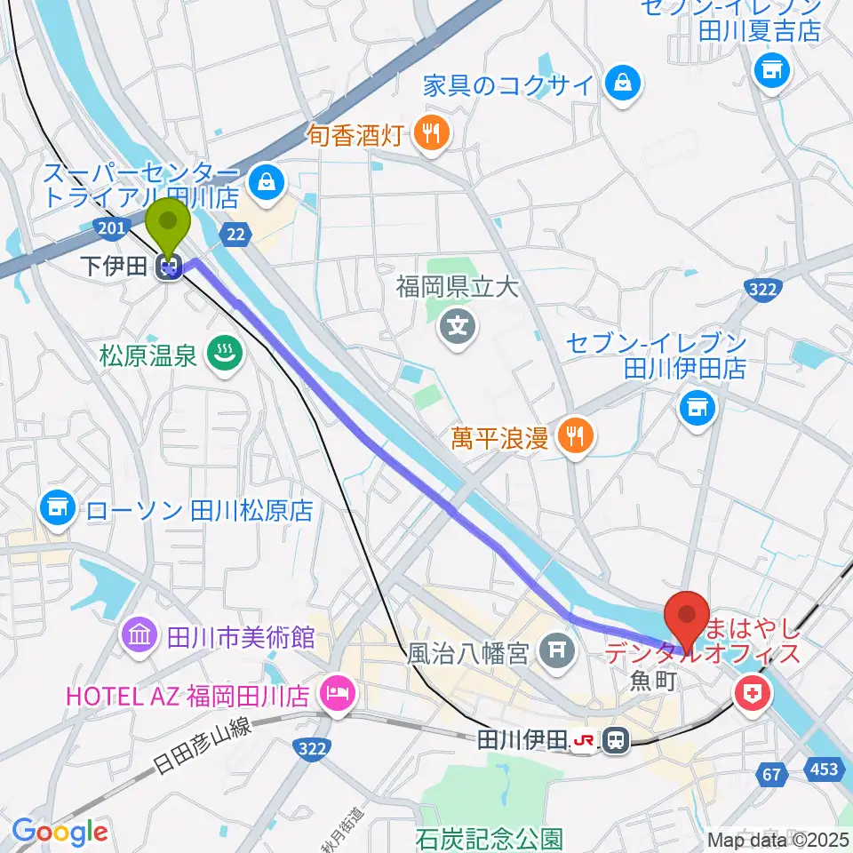 下伊田駅から田川ダイアモンドムーンへのルートマップ地図