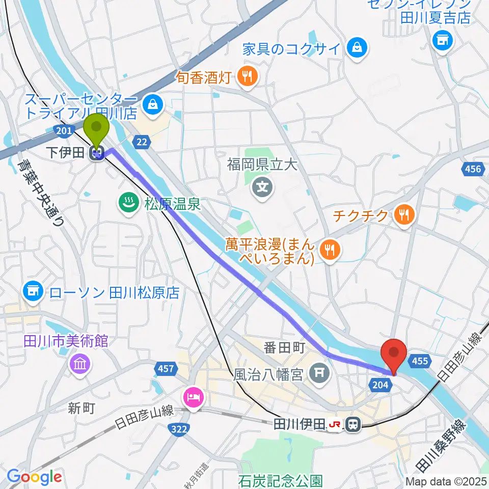 下伊田駅から田川ダイアモンドムーンへのルートマップ地図