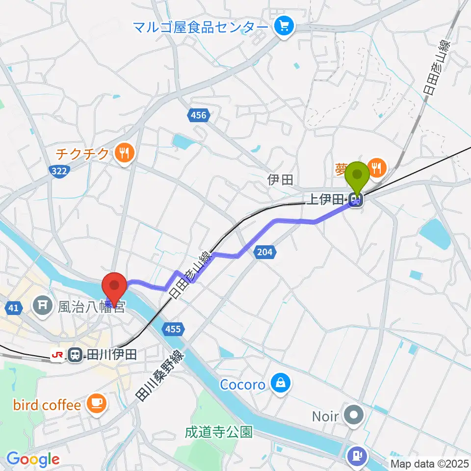 上伊田駅から田川ダイアモンドムーンへのルートマップ地図