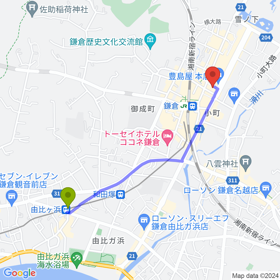 由比ヶ浜駅から鎌倉ダフネへのルートマップ地図