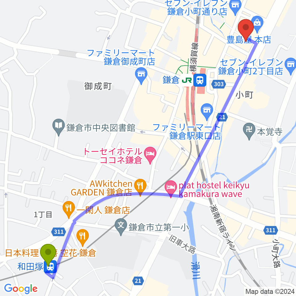 和田塚駅から鎌倉ダフネへのルートマップ地図