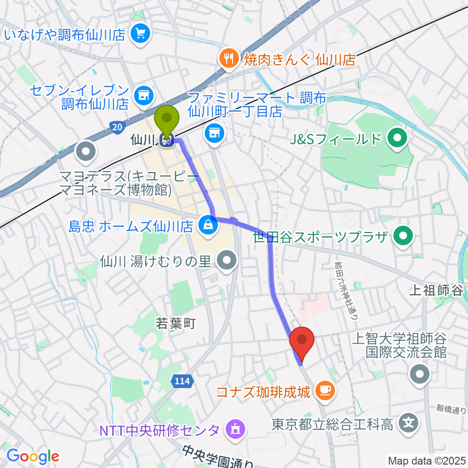 奏音の小箱の最寄駅仙川駅からの徒歩ルート（約17分）地図