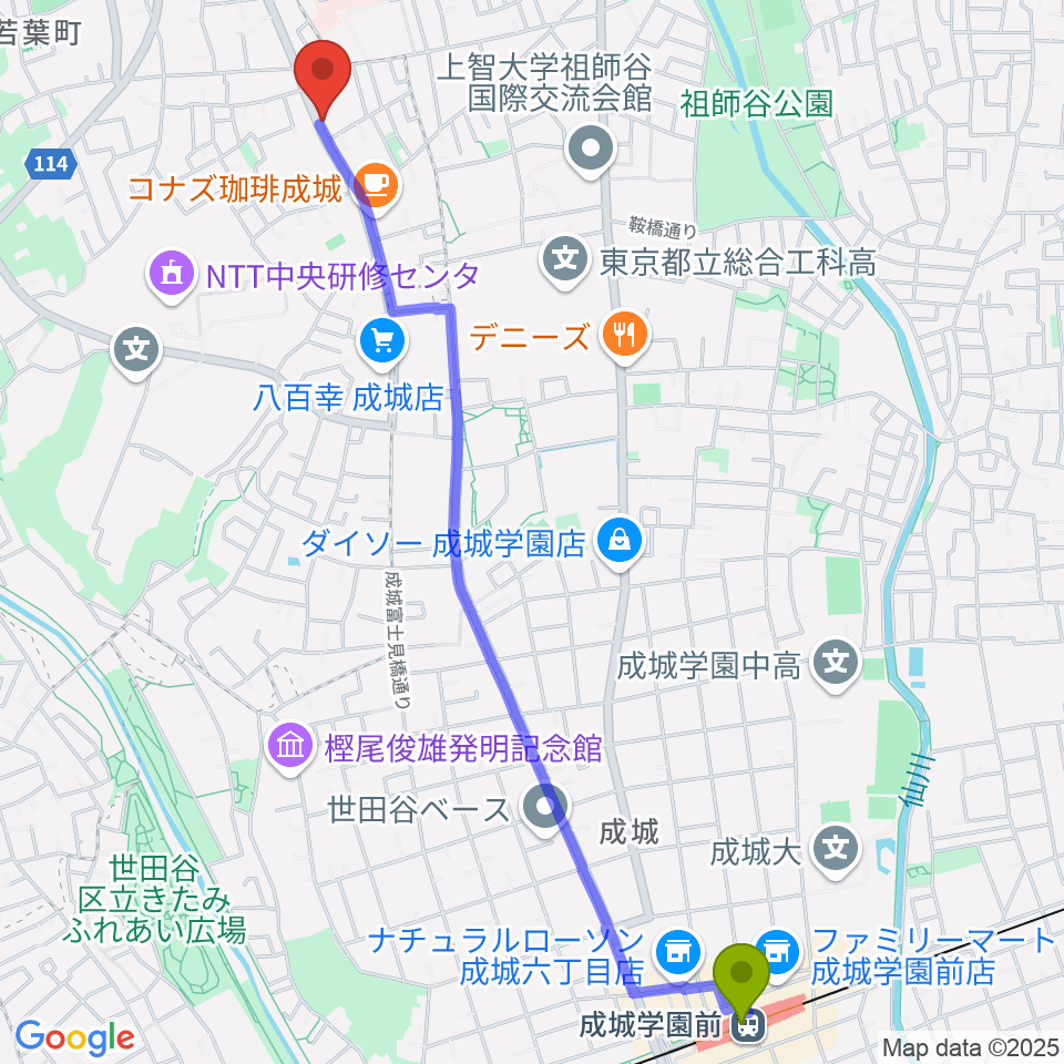 成城学園前駅から奏音の小箱へのルートマップ地図