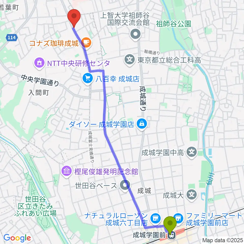 成城学園前駅から奏音の小箱へのルートマップ地図