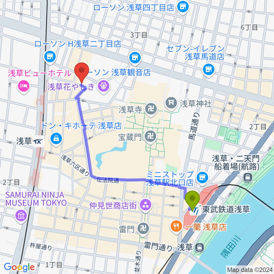 浅草駅から浅草九劇（アサクサキュウゲキ）へのルートマップ地図