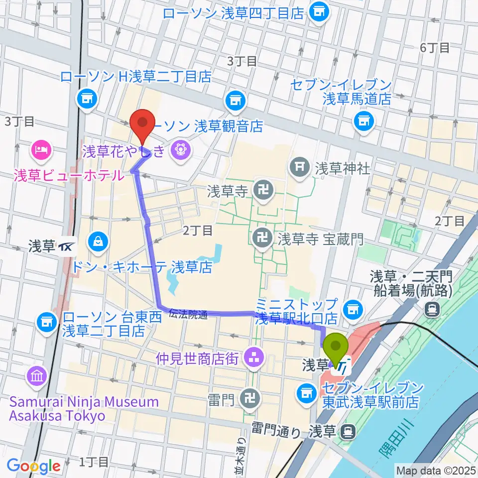 浅草駅から浅草九劇（アサクサキュウゲキ）へのルートマップ地図