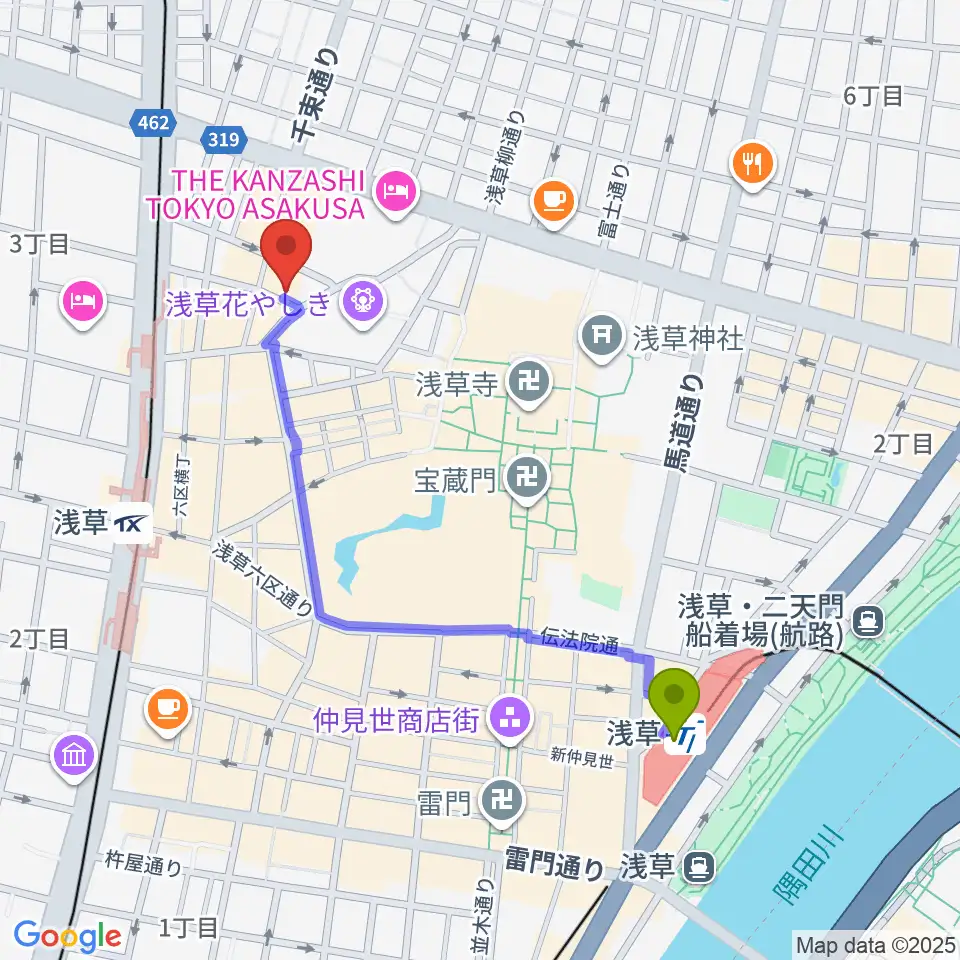 浅草駅から浅草九劇（アサクサキュウゲキ）へのルートマップ地図
