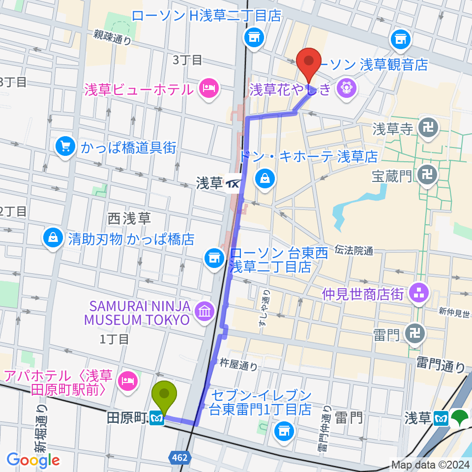 田原町駅から浅草九劇（アサクサキュウゲキ）へのルートマップ地図