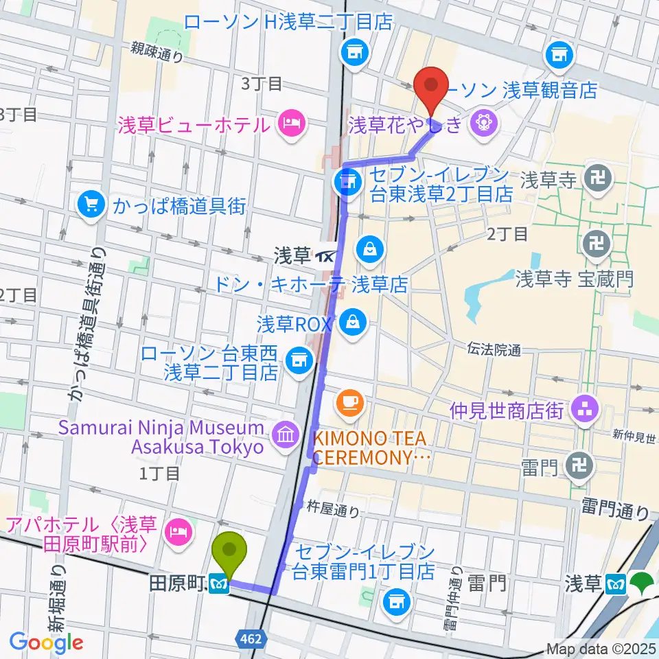 田原町駅から浅草九劇（アサクサキュウゲキ）へのルートマップ地図