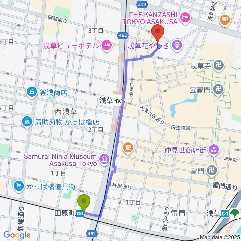 田原町駅から浅草九劇（アサクサキュウゲキ）へのルートマップ地図
