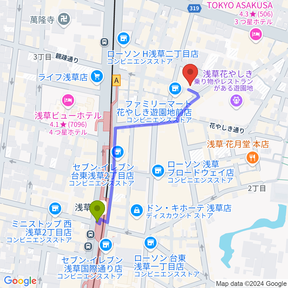 浅草九劇（アサクサキュウゲキ）の最寄駅浅草駅からの徒歩ルート（約4分）地図