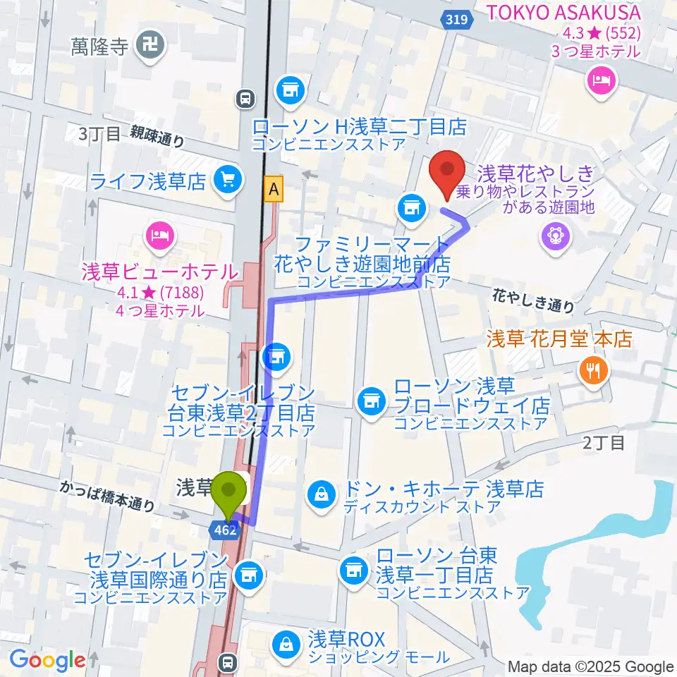 浅草九劇（アサクサキュウゲキ）の最寄駅浅草駅からの徒歩ルート（約4分）地図