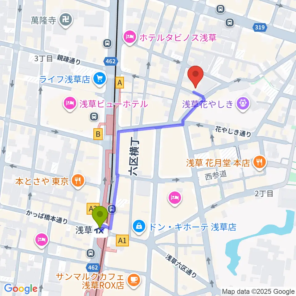 浅草九劇（アサクサキュウゲキ）の最寄駅浅草駅からの徒歩ルート（約4分）地図